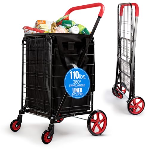 Large Folding Utility Shopping Cart with Removable Liner - Heavy Duty, Red