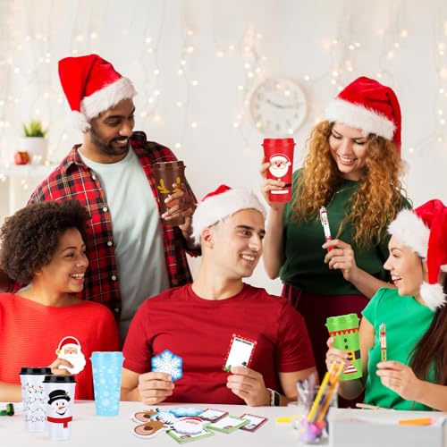 Skylety 72 Pack Christmas Coffee Cups with Lids, Holiday Gift Set, 16oz Plastic Mugs for Coworkers
