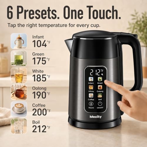 Mecity 1.7L Touch Screen Electric Kettle with Temperature Control, No Plastic Contact, Dark Grey & Black