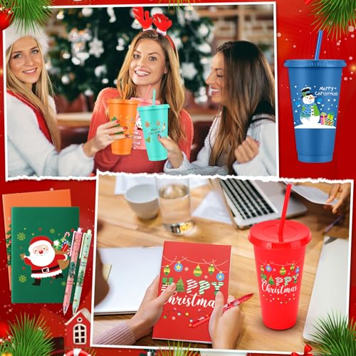 Christmas Tumblers Gift Set with Snowflake & Tree Designs, 24 oz, Includes Lids & Straws, Reusable Plastic Cups, Holiday Party Favors