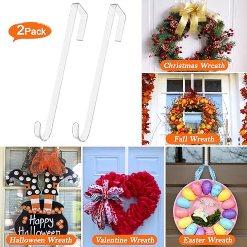 12 in Wreath Hangers - Clear Over The Door Hooks, 2 Pack Non-Scratch Hooks for Easter, Christmas, Halloween & Fall Wreath Decorations, Welcome Sign for Front Door