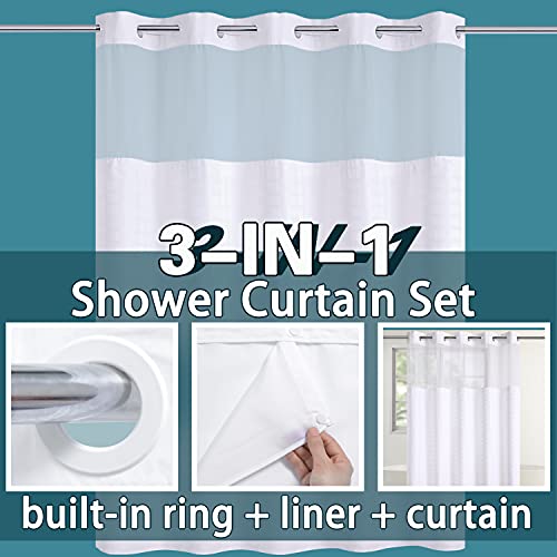 Check-White Shower Curtain with Snap-In Liner Set - 71W x 74H, Waterproof, Hotel Quality