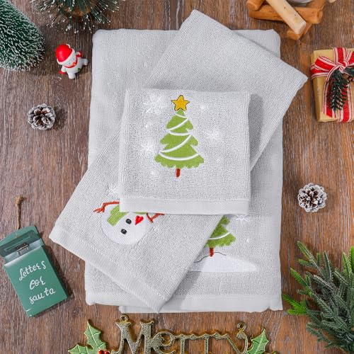 Embroidered Christmas Towels Set of 3 - Cotton Hand, Bath & Wash Cloths