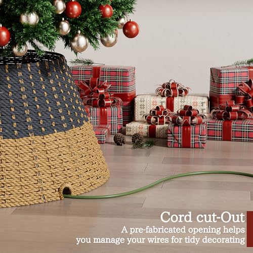 Gray Rattan Christmas Tree Collar 23 in - 4-Piece Woven Basket Ring with Cord Cut-Out