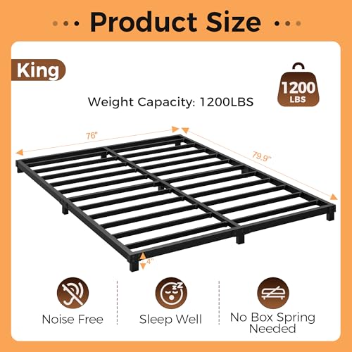 4 Inch King Size Metal Platform Bed Frame - Heavy Duty Steel Slat Support, No Box Spring Needed, Noise-Free, Easy Assembly