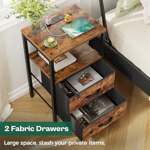 Huuger Rustic Brown Nightstands Set of 2 with Charging Stations, 2 Drawers, 15.7x23.6 inches