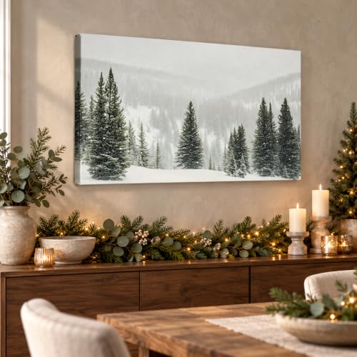 BYXOLARA Winter Scene Wall Art 24x36 Framed Canvas Print - Snow Forest Landscape, Pine Trees
