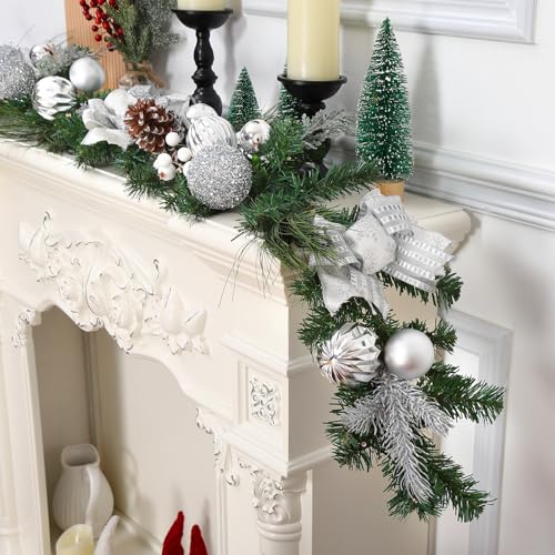Adeeing 6FT Silver Christmas Garland with Lights, Battery Operated Artificial Rattan, Holiday Indoor Outdoor Decor