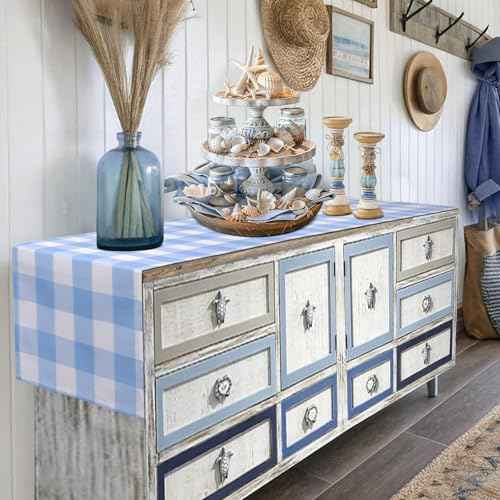 yuboo Light Blue Gingham Table Runner, Summer Blue and White Buffalo Plaid Check Table Cloth 72 inches Long, Fall Table Decor Party Supplies, Farmhouse Baby Shower Birthday Christmas Decorations