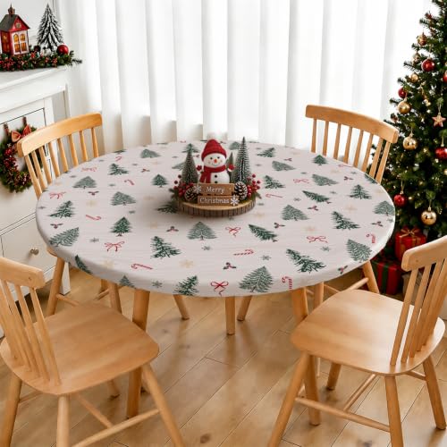 Exacmos Xmas02 52-Inch Elastic Round Water-Resistant Tablecloth for Holiday Decor