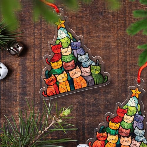 TTMerriwood Stained Glass Cat Christmas Tree Ornament - 4 Inch Acrylic Suncatcher