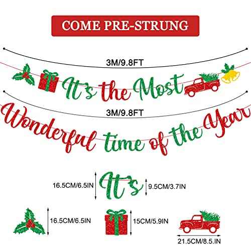 Red Green Glitter It's The Most Wonderful Time of The Year Banner with Holly Berry Xmas Tree Bells Christmas Holiday Party Banner Merry Christmas Holly Jolly Winter Party Mantle Decorations