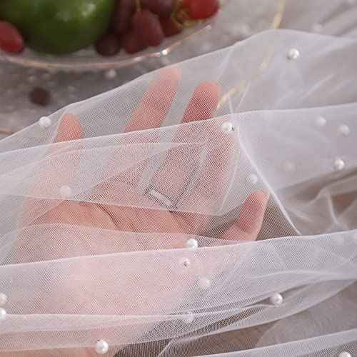 Tosleo White Pearl Table Cloth Valentine's Day Decor Tulle Fabric Lace Tablecloth Table Cover Bridal Veil Tablecloths Chiffon Table Covers for Christmas Wedding Birthday Party Arch(55 x 55 Inch)