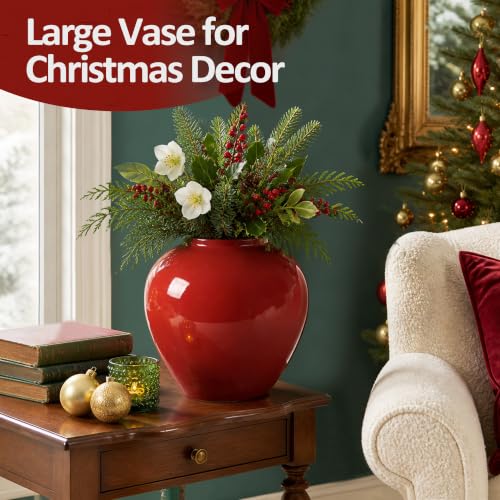 FZBCTLDZ Christmas Red 11-Inch Ceramic Look Iron Vase with Glossy Finish
