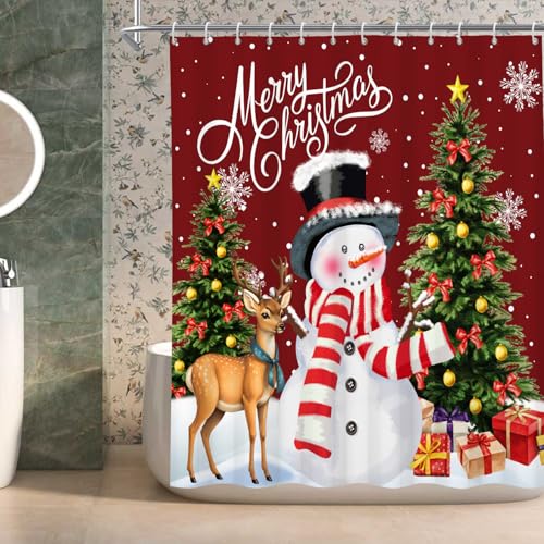 Canessioa Christmas Shower Curtain 72x72 in with Hooks Waterproof Polyester - Red Brown