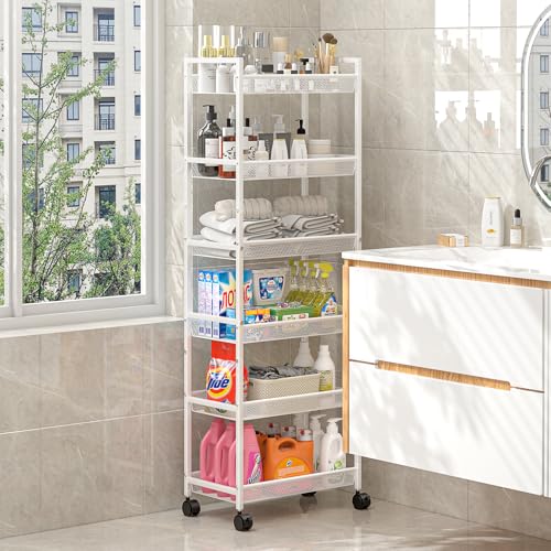 White 6-Tier Slim Rolling Storage Cart - Narrow Mobile Organizer with Wheels
