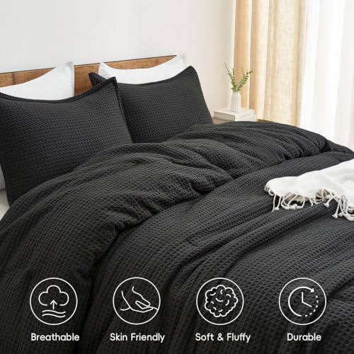 PHF Ultra Soft Waffle Comforter Set Queen Black 3 Pieces - Breathable & Durable