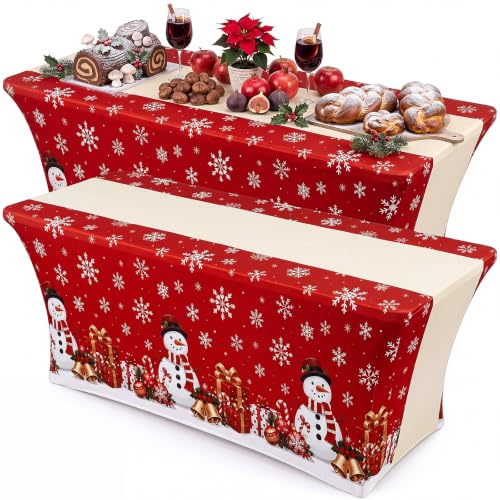 2 Pcs 6ft Christmas Stretch Tablecloth Snowman Snowflake Table Cover