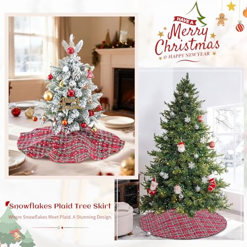 B-COOL Red Green Plaid Snowflake Christmas Tree Skirt 24 Inch - Buffalo Check Holiday Decor