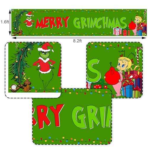 Nepnuser Green Christmas Fence Banner Winter Holiday Party Decoration Xmas Large Home Garden Outdoor Yard Hanging Sign Decor-1.6 * 8.2ft (Green-A)