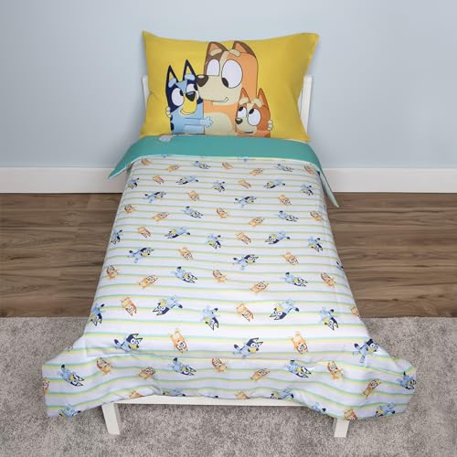 Bluey Blue 4-Piece Toddler Bedding Set with Reversible Comforter & Sheets – Fits Standard Toddler Bed, Boy or Girl