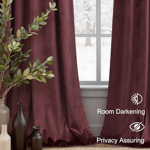 Pitalk Ruby Wine Velvet Curtains 52x84 Inches, 2 Panels, Dark Purple - Insulated Darkening Drapes for Living Room & Bedroom