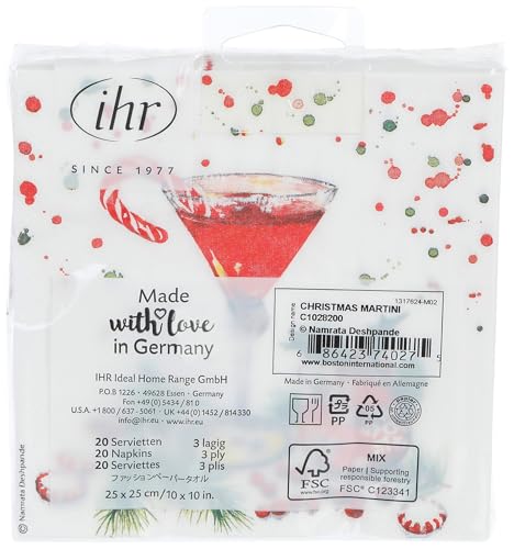 IHR Ideal Home Range Christmas Martini Cocktail Napkins 5x5 Inches, Pack of 20