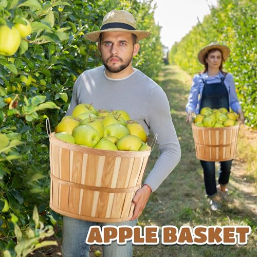6 Pack Natural Wood Half Bushel Baskets with Metal Handles for Harvest & Storage - 14 x 9.5 Inches