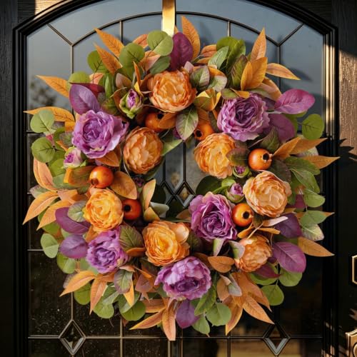 24 Inch Fall Wreath for Front Door with Orange & Purple Peony - Autumn Decor