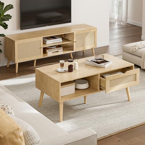 Oak Rattan Coffee Table with Drawer - Boho Natural Finish, ZttRiee