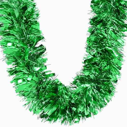 BLEUM CADE 32.8Ft Christmas Tinsel Garland, Green Tinsel Garland for Xmas Tree Decorations Holiday Birthday Wedding Party Supplies