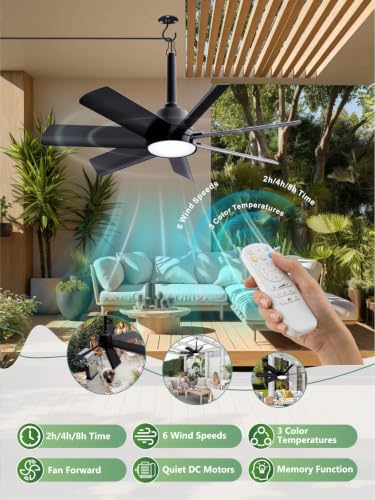 LANMEL Black 28 Inch Outdoor Ceiling Fan with Light & Remote - Weatherproof