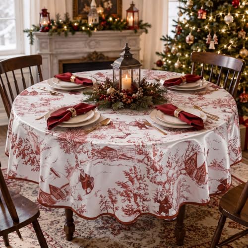 Tegeme 60'' Christmas Toile De Jouy Round Tablecloth Burgundy with Scalloped Edge - 60x60 Inch