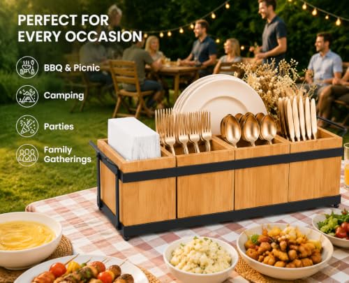 Bamboo Silverware Holder for Parties with 5 Removable Bins - Eco-Friendly Utensil Caddy