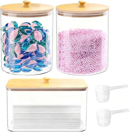 HomePekite Bamboo & Glass Laundry Pods & Dryer Sheet Storage Set - 2+1 Pack