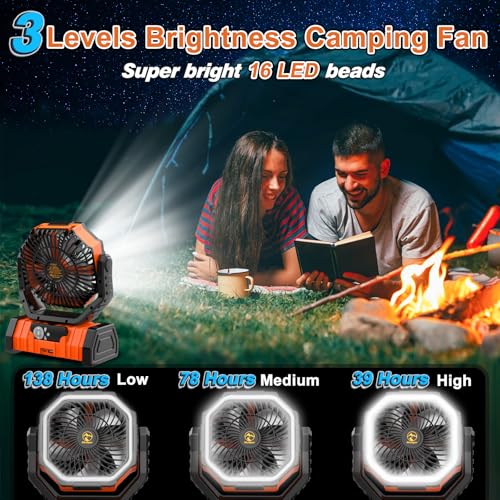 Orange 20000mAh Rechargeable Camping Fan with LED Lantern & Remote Control
