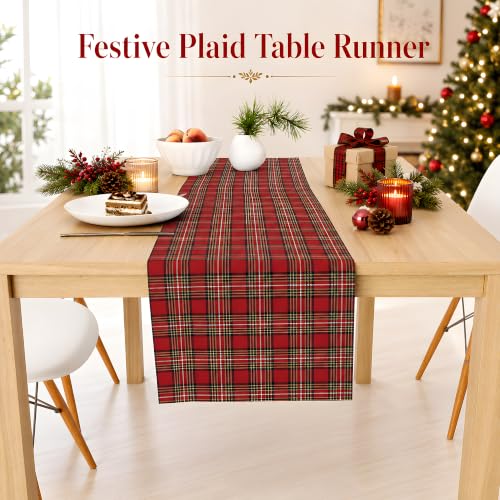 OHOME Christmas Plaid Red Table Runner - 13.8 x 73 in, 100% Polyester, Holiday Decor