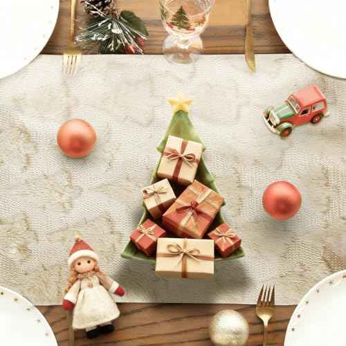 Christmas Table Runner 13x72 Inch, Christmas Trees Table Decorations for Kitchen Dinning, Indoor Outdoor Dinner Party Decor (Beige)