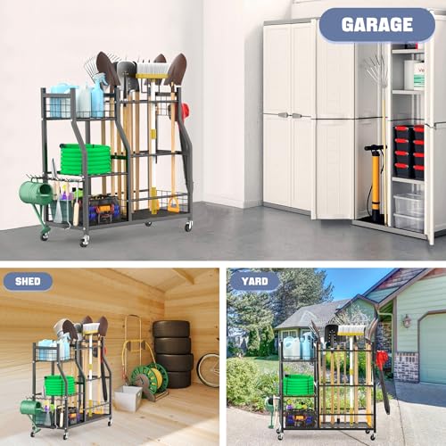 WALMANN Garden Tool Organizer with Wheels, Black, 36.25in Rake & Shovel Stand