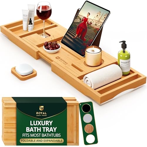 Natural Foldable Wooden Bathtub Tray Caddy - Expandable Bamboo Bath Shelf for Tub, Bathroom Accessories