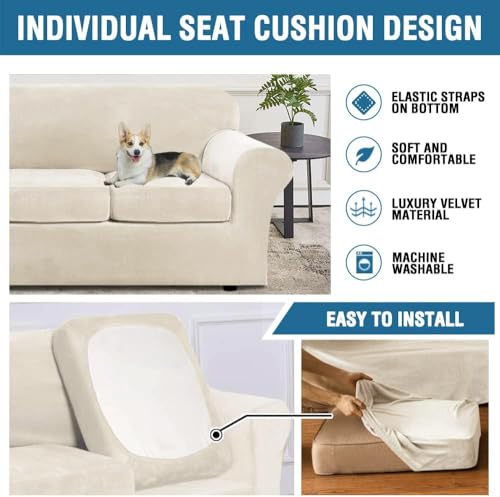 H.VERSAILTEX 3 Cushion Ivory Velvet Sofa Slipcover 4-Piece High Stretch Couch Protector