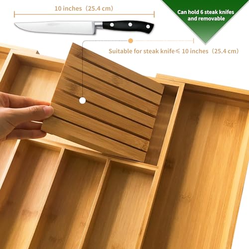 VaeFae Natural Bamboo Silverware Drawer Organizer, 7 Slots, Adjustable