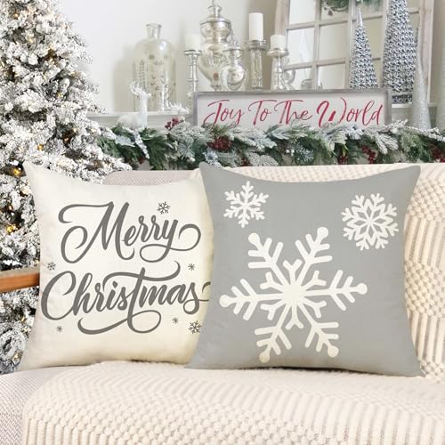 4PACK Gray 18x18 Pillow Covers Set of 4 – Farmhouse Snowflake Hello Winter Christmas Decor