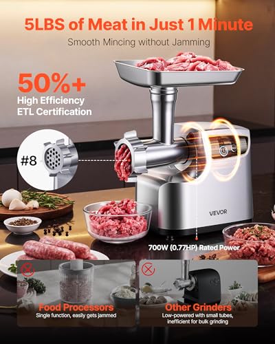 VEVOR 5 Lbs/Min Electric Meat Grinder with 3 Plates & Sausage Tubes, 700W