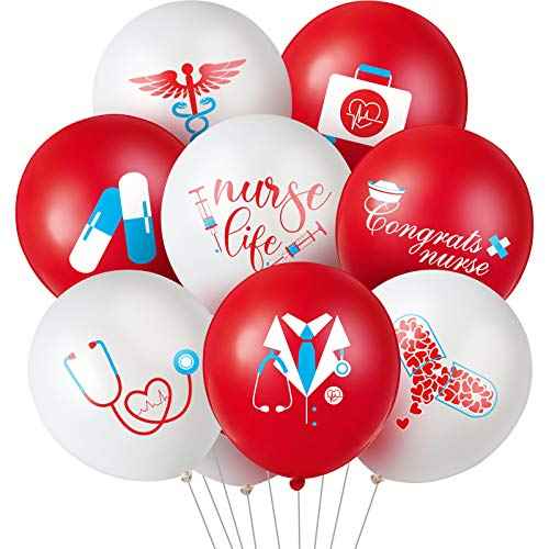 Skylety 48 Pieces Nurse Balloons 12 Inch Congrats Nursing Latex Balloons Bulk Party Decoration Supplies Nursing School Graduation Decoration for Christmas Gifts Nurse Week CNA(Red and White)