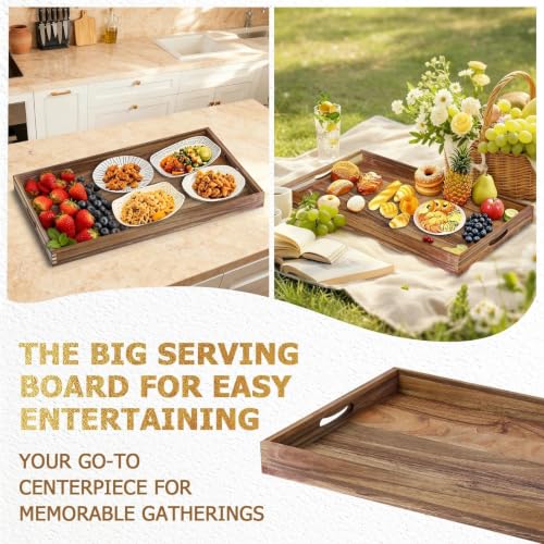 Extra Large Acacia Wood Serving Tray 32 x 18 Inches with Handles - Brown Variation