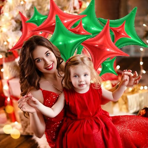 Red and Green Star Balloons Set - 14pcs Foil Balloons for Christmas & Birthday Decorations