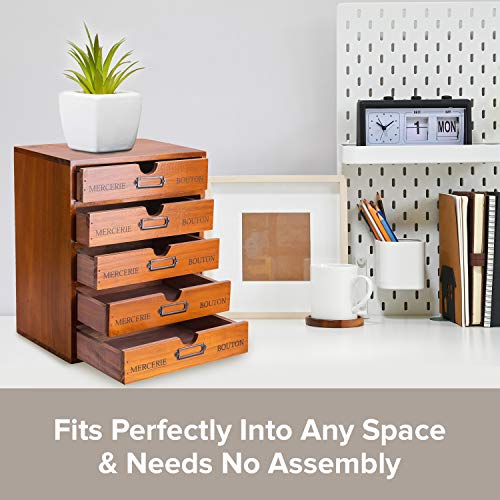 Vintage Wooden 5-Drawer Desk Organizer - Craft Storage & Rustic Shelf, Stackable