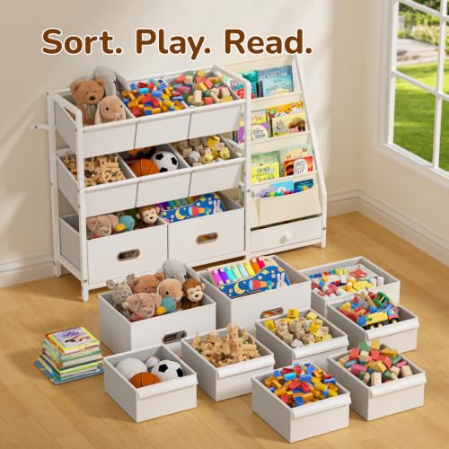 Kids Toy Storage Organizer with 9 Bins - Montessori Toddler Bookshelf & Playroom Storage