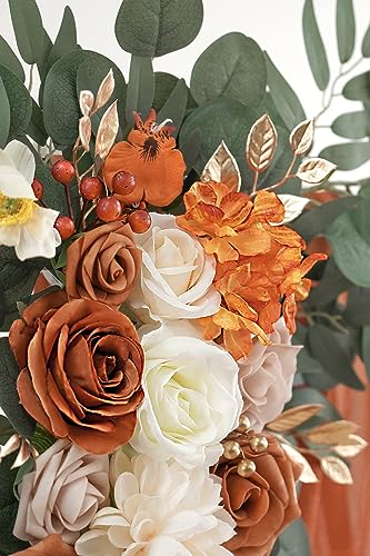 Olalaka Burnt Orange Wedding Arch Flowers Kit with 26ft Terracotta Draping Fabric - DIY Ceremony Backdrop